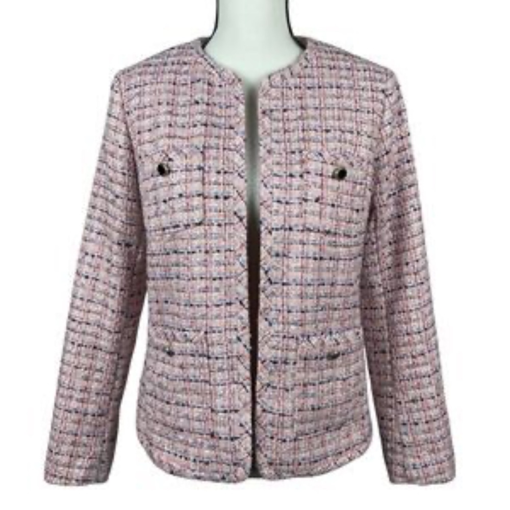 Anne Klein Pink Button Collarless Tweed Jacket with Patch Pockets